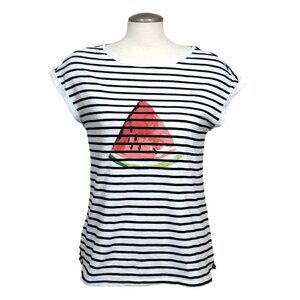 Rickis T Shirt Womens M Black White Striped Watermelon Graphic Tee Cap Sleeve